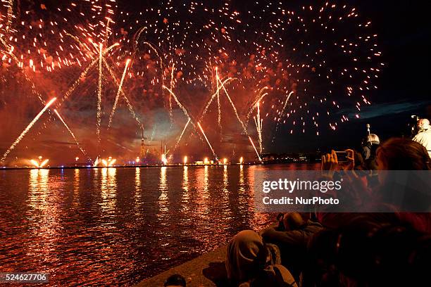 The frigate with scarlet sails floats on the Neva River in St. Petersburg, Russia. 20 june, 2014. The frigate participated in festivities marking...