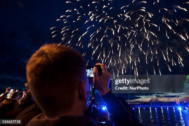 The frigate with scarlet sails floats on the Neva River in St. Petersburg, Russia. 20 june, 2014. The frigate participated in festivities marking...