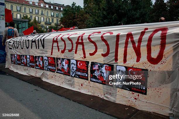 Thousands march through Turin, Italy on October 13, 2015 during a demonstration against the deadly attacks in Ankara and against Turikish President...