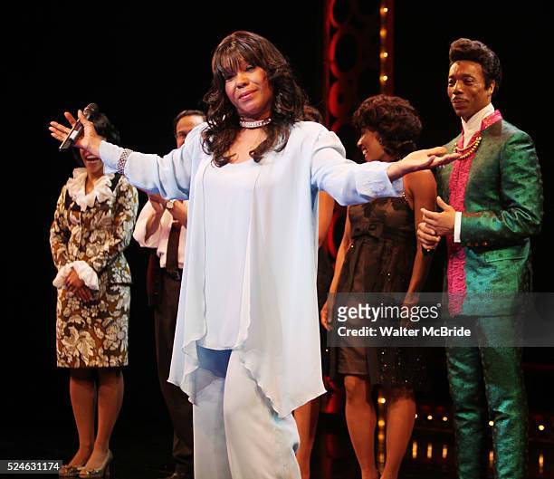 The Shirelles lead singer Shirley Alston Reeves visits the 'Baby it's You!' cast during their Curtain Call on Broadway in New York City.