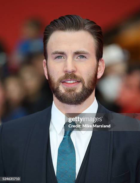 Chris Evans arrives for UK film premiere "Captain America: Civil War" at Vue Westfield on April 26, 2016 in London, England