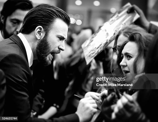 Chris Evans arrives for UK film premiere "Captain America: Civil War" at Vue Westfield on April 26, 2016 in London, England