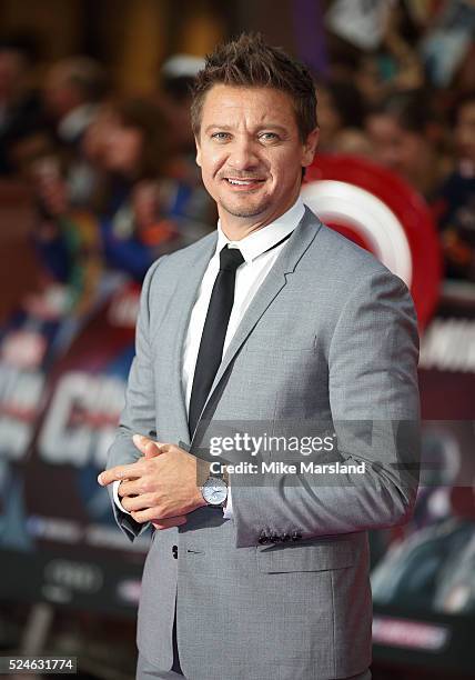 Jeremy Renner arrives for UK film premiere "Captain America: Civil War" at Vue Westfield on April 26, 2016 in London, England
