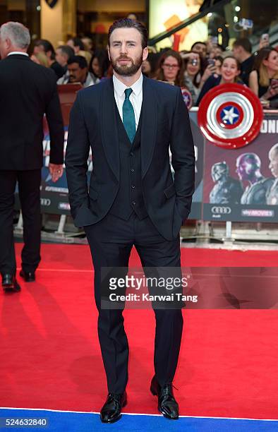 Chris Evans arrives for the European film premiere of "Captain America: Civil War" at Vue Westfield on April 26, 2016 in London, England
