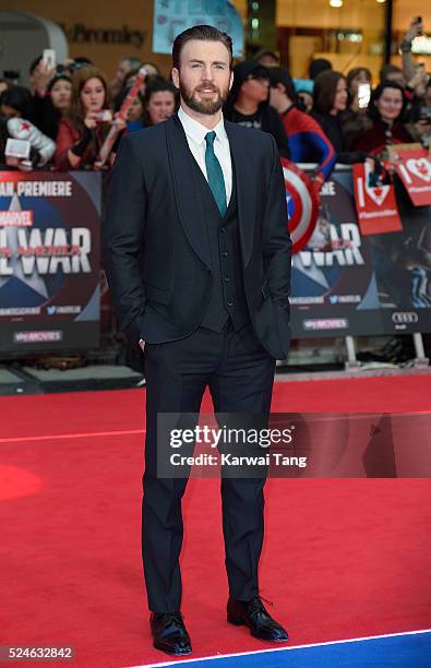 Chris Evans arrives for the European film premiere of "Captain America: Civil War" at Vue Westfield on April 26, 2016 in London, England