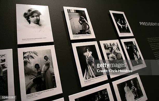 Photographs from a exhibition about First Ladies hang on the wall at the New York Historical Society March 21, 2005 in New York. The exhibition...