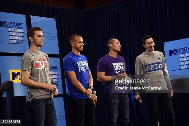 Patrick Mullins, Jason Hernandez, Luis Robles and Sacha Kljestan speak onstage the 3rd Annual College Signing Day at the Harlem Armory on April 26,...