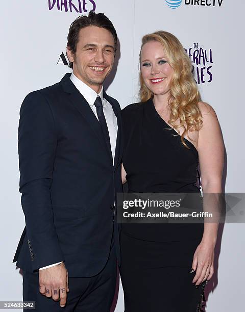 Actor James Franco and director Pamela Romanowsky arrive at A24/DIRECTV's 'The Adderall Diaries' Premiere at ArcLight Hollywood on April 12, 2016 in...