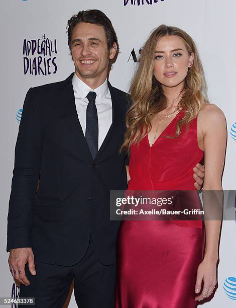 Actors James Franco and Amber Heard arrive at A24/DIRECTV's 'The Adderall Diaries' Premiere at ArcLight Hollywood on April 12, 2016 in Hollywood,...