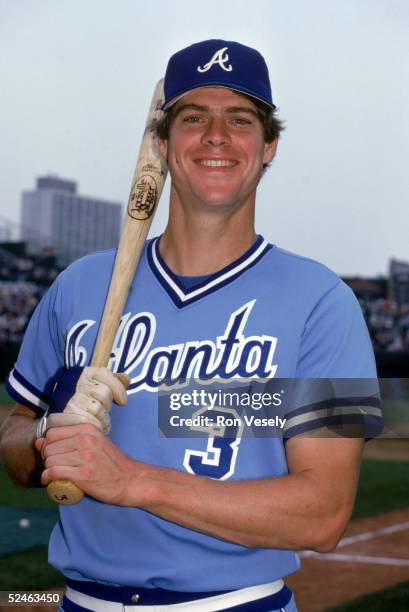 Dale Murphy of the Atlanta Braves poses for a portrait prior to a game against the Chicago Cubs at Wrigley Field in Chicago, Illinois. Dale Murphy...