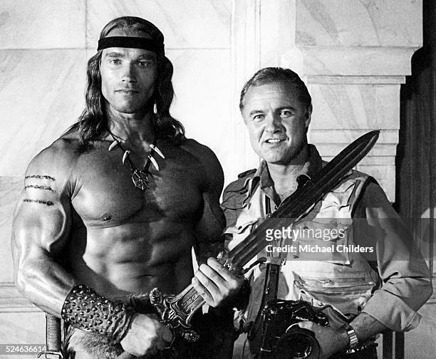 Austrian-born American actor and bodybuilder Arnold Schwarzenegger on the set of Conan the Barbarian, directed by John Milius.