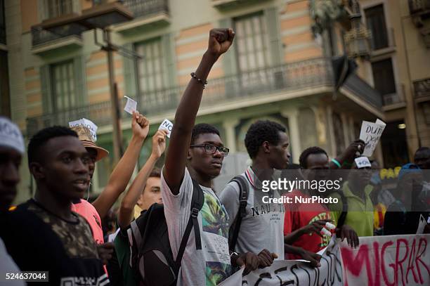 Demonstrators during a march against racism and police in Barcelona on 11 August 2015. Several hundred people demonstrated in Barcelona against...