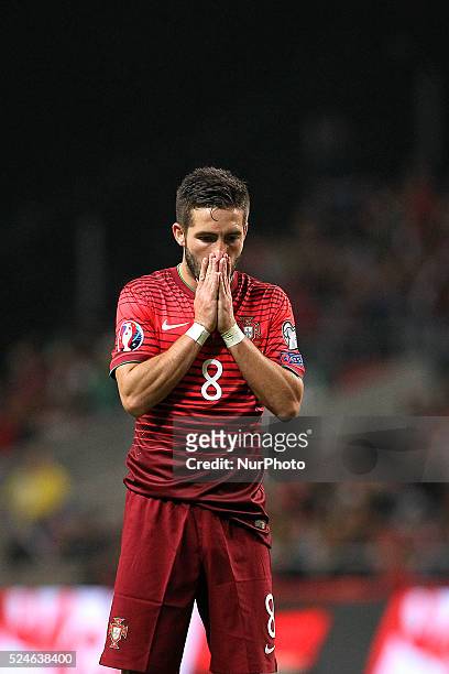 Portugal's midfielder Jo��o Moutinho celebrates a victory during the UEFA EURO 2016 FRANCE, Qualifying Group I: Portugal vs Denmark at AXA Stadium in...