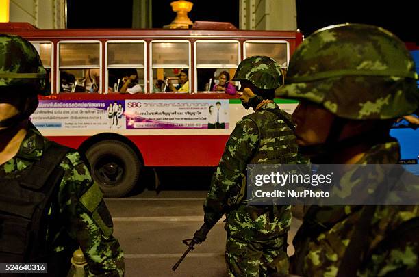 Thai Military move on thousands of anti government protesters from the centre of Bangkok on buses supplied on the second day that the coup was...