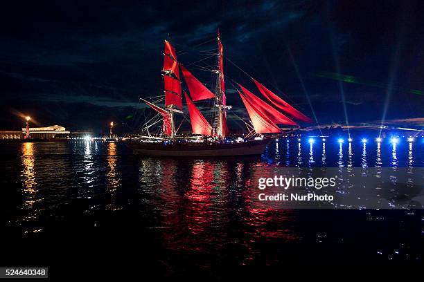 The frigate with scarlet sails floats on the Neva River in St. Petersburg, Russia. 20 june, 2014. The frigate participated in festivities marking...