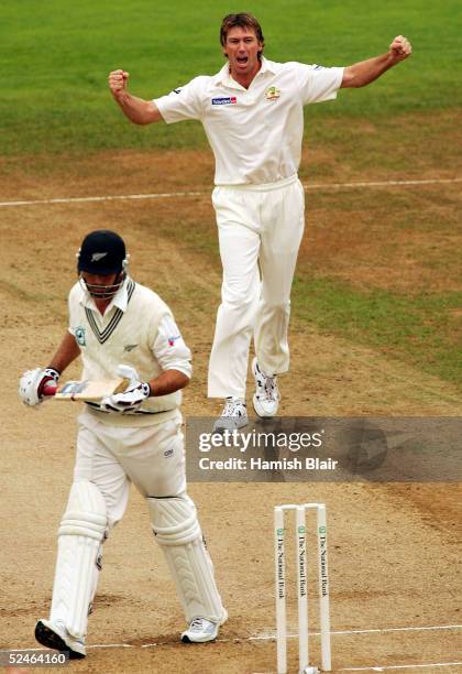 Glenn McGrath of Australia traps Stephen Fleming of New Zealand LBW during day five of the 2nd Test between New Zealand and Australia played at the...