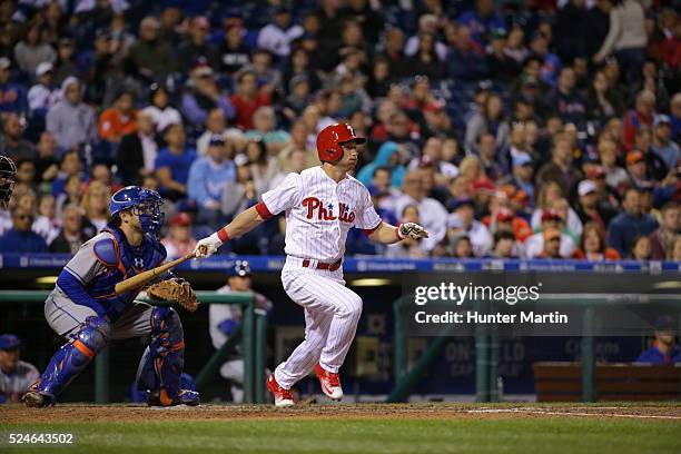 David Lough of the Philadelphia Phillies during a game against the New York Mets at Citizens Bank Park on April 20, 2016 in Philadelphia,...