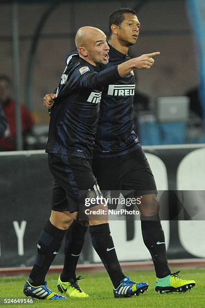 Esteban Cambiasso celebrates after scoring of FC Internazionale Milano during the Serie A match between SSC Napoli and Parma FC at Stadio San Paolo...