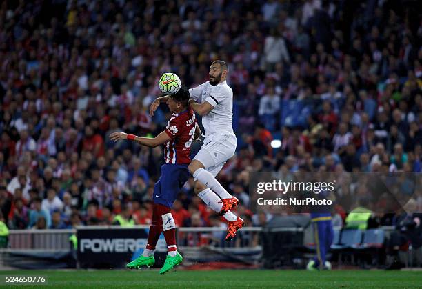 Atletico de Madrid's Uruguayan Defender Jose Maria Gimenez and Real Madrid's French forward Karim Benzema during the Spanish League 2015/16 match...