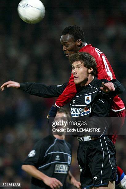 Champions League Season 2003-2004. Lyon vs Real Sociedad. Mickael Essien and Gabriel Schurrer . Ligue des Champions de Football, Saison 2003-2004. 8e...