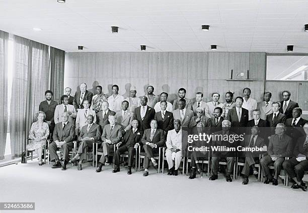 Thatcher , Tuipelehare , Khama , Yew , Banda , Ramhal , Kaunda , Nyerere , Mara , Jawara , Manley , Fraser . Second row: Bishop , Kenilorea , Rene ,...