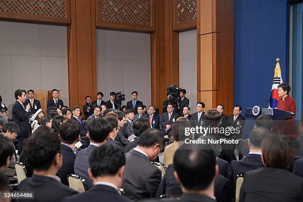 Feb 08, 2016 - South Korea, Seoul : Picture taken date is January 13, 2016. South Korean President Park Geun-hye addresses to the nation at the...