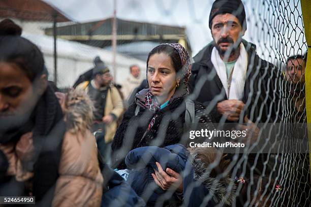 Asylum-seekers from Syria and Iraq waiting to cross the border into Austria from Slovenia on February 20, 2016. Austria implemented new procedures...