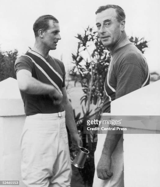 Prince Philip, Duke of Edinburgh with his uncle Louis Mountbatten after a polo match, in which they played for the Shrimps team, Malta, 4th December...