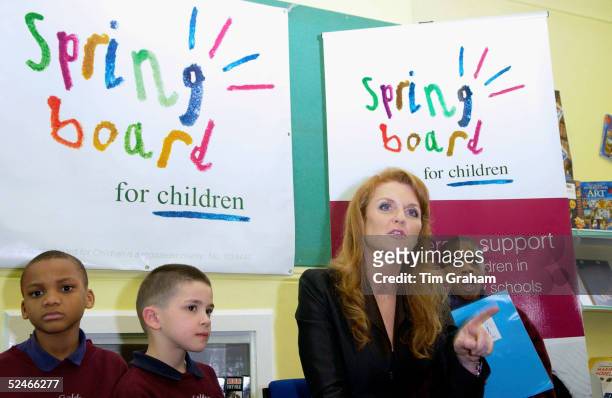 Sarah Ferguson, Duchess of York visits the former school of Damilola Taylor, Oliver Goldsmith School in Peckham to see the work of 'Springboard for...