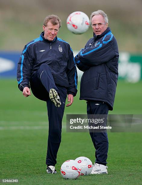 Steve McClaren and head coach Sven-Goran Eriksson during the England training session at Carrington Training Ground on March 22, 2005 in Manchester,...