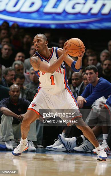 Anfernee Hardaway of the New York Knicks looks to move the ball against the Memphis Grizzlies December 1, 2004 at Madison Square Garden in New York,...