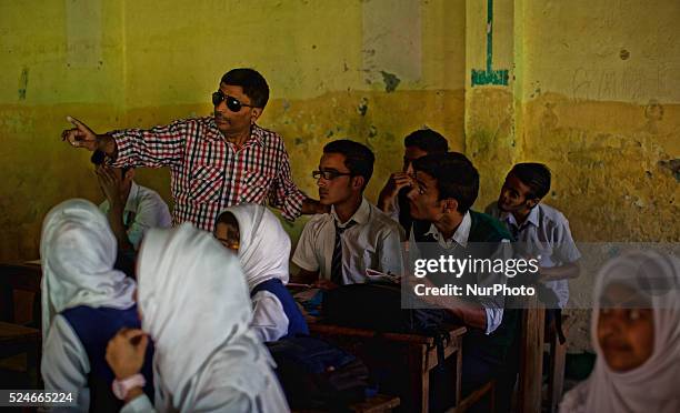 Javaid Ahmad a teacher who himself is not disable, takes class of deaf and dumb students at Abhedananda Home, a school for deaf, dumb and blind...