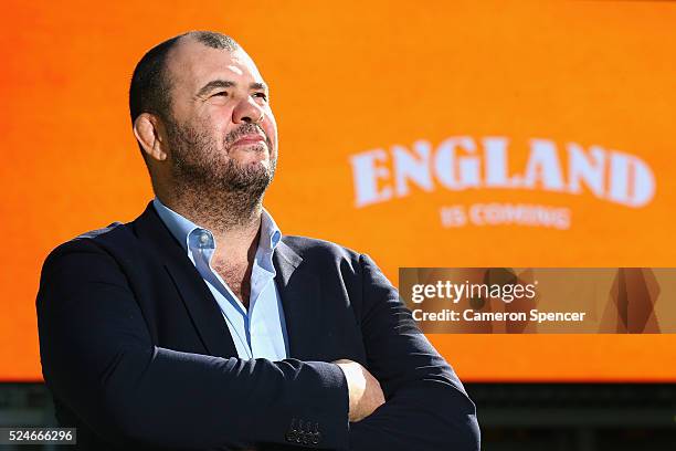 Australian Wallabies coach Michael Cheika poses after speaking to the media about the upcoming Australia v England Test Series at Allianz Stadium on...