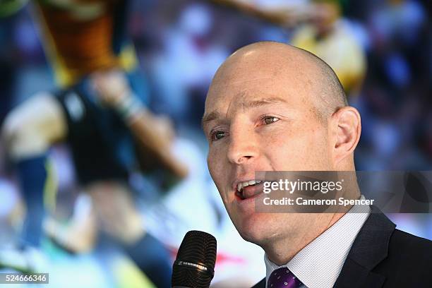 Former Australian Wallabies captain Stirling Mortlock talks during a media launch of the Rugby.com.au website and the upcoming Australia v England...