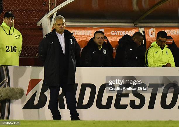 Reinaldo Rueda coach of Atletico Nacional looks on during a first leg match between Huracan and Atletico Nacional as part of round of sixteen of Copa...