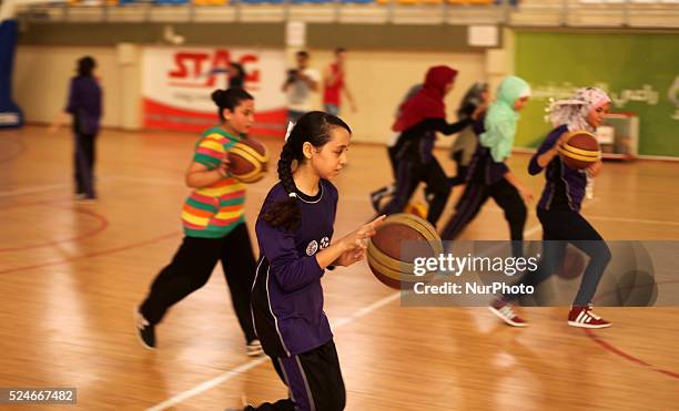 Palestinian girls basketball training exercise in Gaza City as part of an initiative to empower young girls. In Gaza City on September 7 aged between...