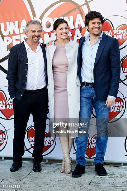 Actress Laetitia casta with Fabio De Luigi and Giovanni Veronesi attends "A Woman Friend" photocall in Rome - Cinema Moderno The Space