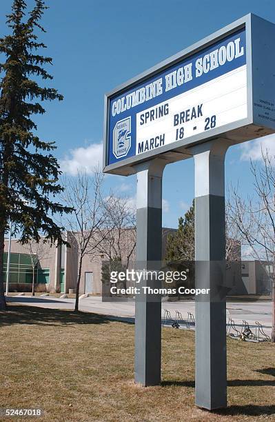 Sign announcing spring break week for Columbine High School students is shown March 22, 2005 in Littleton, Colorado. Jeff Weise, a Red Lake High...