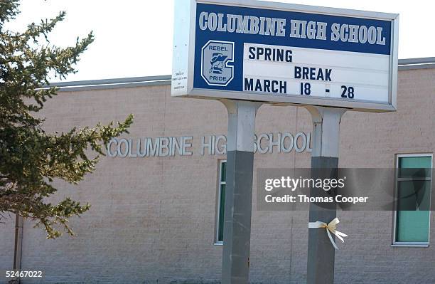 Sign announcing spring break week for Columbine High School students is shown March 22, 2005 in Littleton, Colorado. Jeff Weise, a Red Lake High...