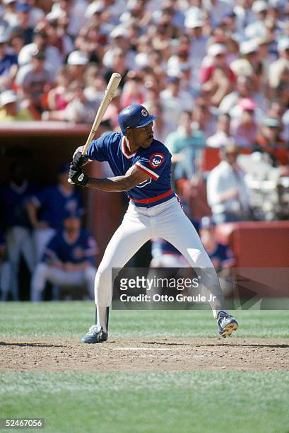 Andre Dawson of the Chicago Cubs stands ready at the plate during a game with the San Francisco Giants in 1989 at Candlestick Park in San Francisco,...