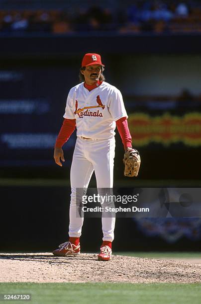 Dennis Eckersley of the St. Louis Cardinals stands on the mound during a game against the Houston Astros at Busch Stadium on April 14, 1997 in St....