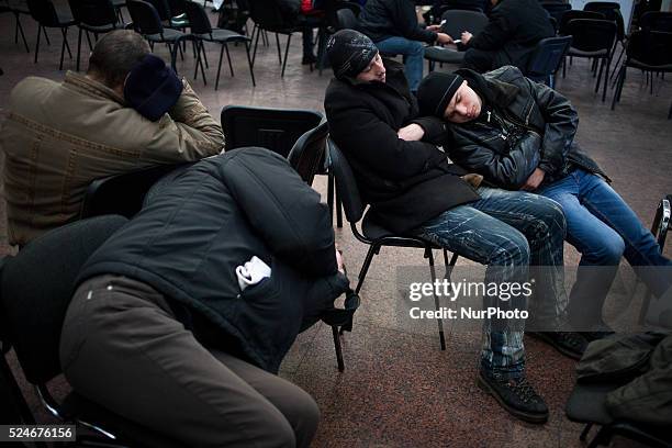 Anti-government protesters sleep in the ukraainian cultural center in maidan independent square on February 7, 2014. The Euromaidan is a wave of...