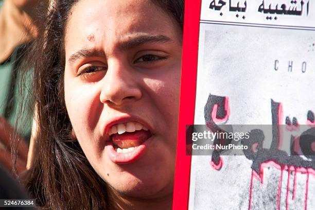 Youth girl from Belaid's party screaming. On the occasion of the commemoration of the first anniversary of the assassination of Chokri Belaid,...