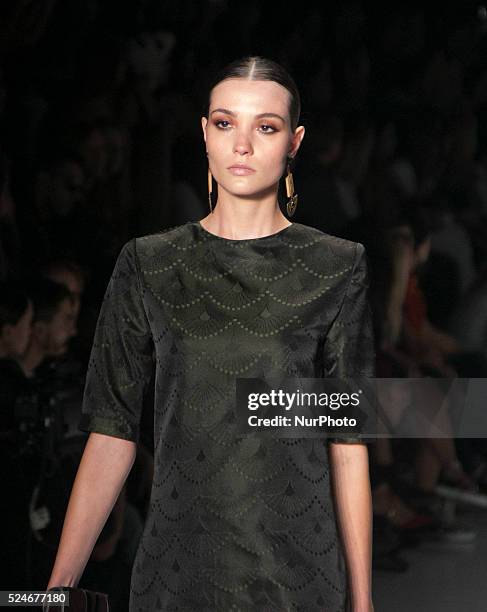 Model for designer fashion show Lilly Sarti the second day of Sao Paulo Fashion Week Summer 2016 in Candido Portinari Park in west region of S��o...