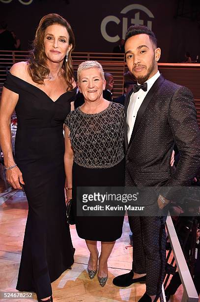 Caitlyn Jenner poses with Lewis Hamilton and his mother Carmen Larbalestier at the 2016 Time 100 Gala, Time's Most Influential People In The World at...