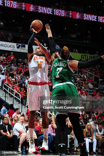 Al Horford of the Atlanta Hawks shoots against Jared Sullinger of the Boston Celtics in Game Five of the Eastern Conference Quarterfinals during the...