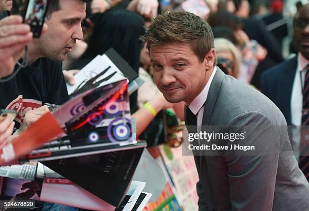 Jeremy Renner arrives for the European film premiere of "Captain America: Civil War" at Vue Westfield on April 26, 2016 in London, England