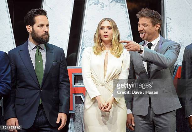 Paul Rudd, Elizabeth Olsen and Jeremy Renner onstage during the European film premiere of "Captain America: Civil War" at Vue Westfield on April 26,...
