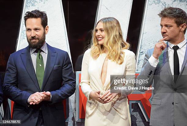 Paul Rudd, Elizabeth Olsen and Jeremy Renner onstage during the European film premiere of "Captain America: Civil War" at Vue Westfield on April 26,...