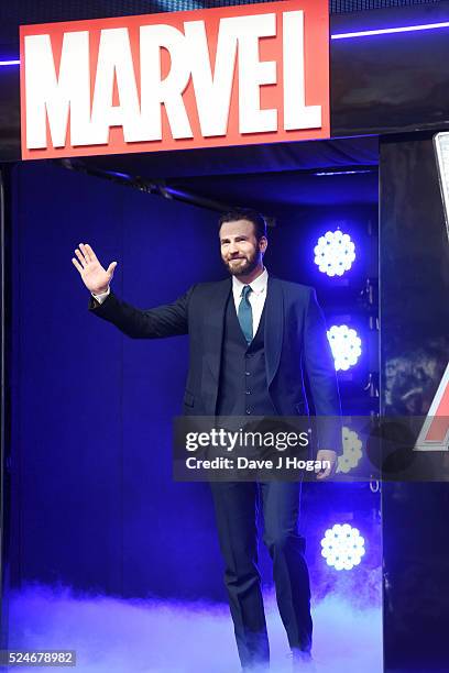 Chris Evans arrives for the European film premiere of "Captain America: Civil War" at Vue Westfield on April 26, 2016 in London, England